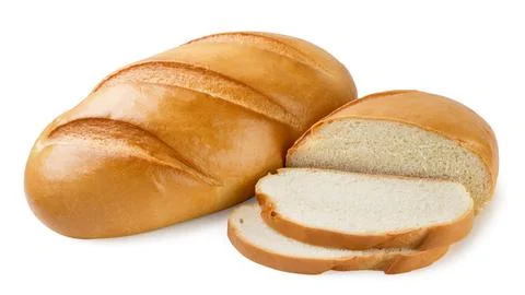 Loaf of bread and a half with pieces close-up on a white background. Isolated Stock Photos