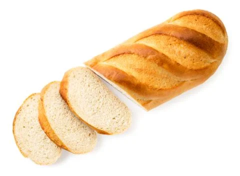 Loaf of bread cut into pieces on a white. The view of the top. Stock Photos