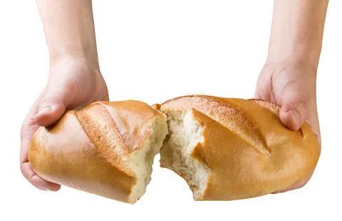 Loaf of bread in hands broken in half close-up on a white background. Isolate Stock Photos