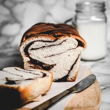 Loaf Bread, Milk, Artesian Bakery, Breakfast, marble overlay  Stock Photos