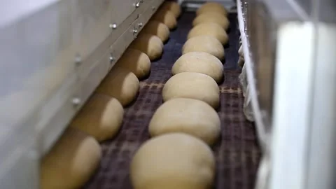 Loaf of bread on the production line in the bakery.  Bread  food production Stock Footage 88619266