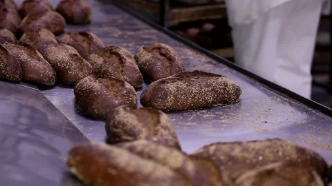 Loaf of bread on the production line in the bakery.  Bread  food production Stock Footage 88619430