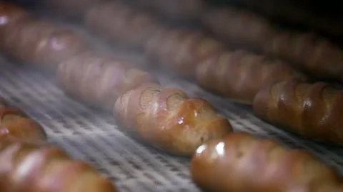 Loaf of bread on the production line in the bakery.  Bread  food production Stock Footage 88619869