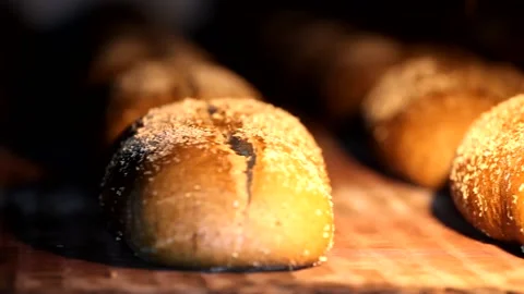 Loaf of bread on the production line in the bakery.  Bread  food production Stock Footage 88620076