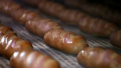 Loaf of bread on the production line in the bakery.  Bread  food production Stock Footage 88620165