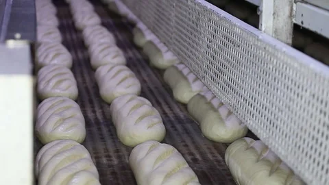 Loaf of bread on the production line in the bakery.  Bread  food production Stock Footage 88620392