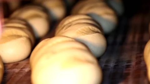 Loaf of bread on the production line in the bakery.  Bread  food production Stock Footage 88620422