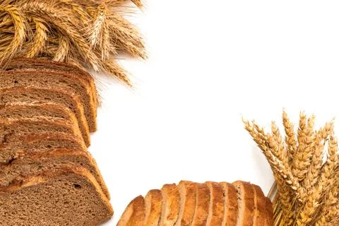 Loaf bread. Rye bakery with crusty loaves and crumbs. Fresh loaf of rustic tr Stock Photos