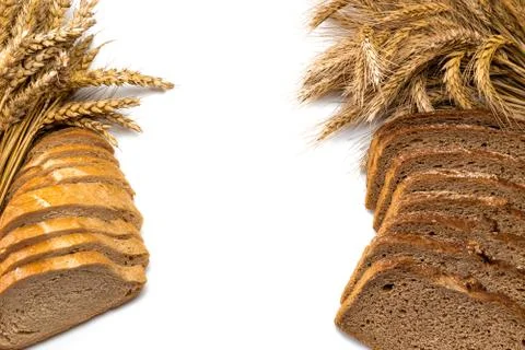 Loaf bread. Rye bakery with crusty loaves and crumbs. Fresh loaf of rustic tr Stock Photos