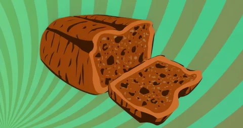 Loaf of brown bread remaining centered with one slice lying beside on green Stock Footage 315523123