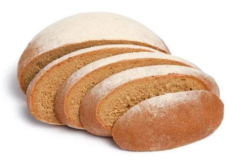 Loaf of fresh bread partially sliced on white background Stock Photos