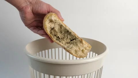 A loaf of moldy bread is thrown into the trash. Disposal of bread. Stock Footage 299279701