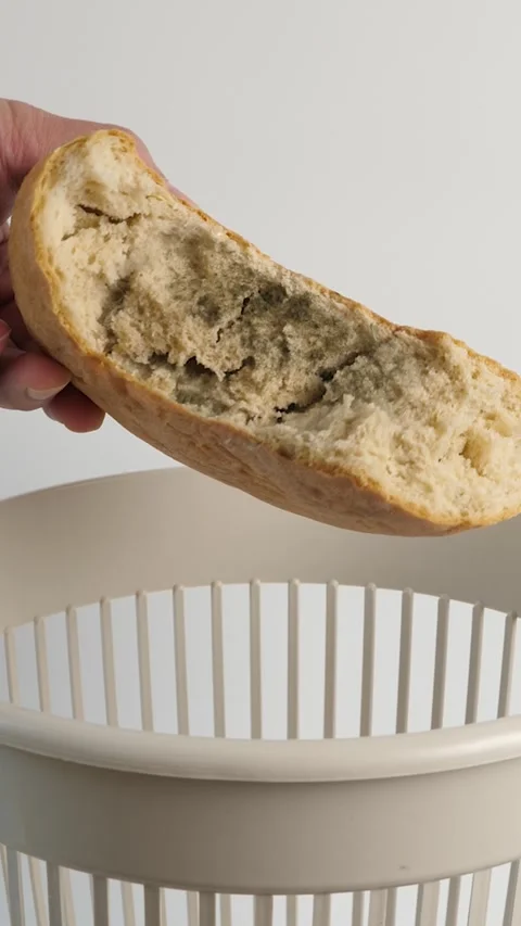 A loaf of moldy bread is thrown into the trash. Disposal of bread. Stock Footage 303260426