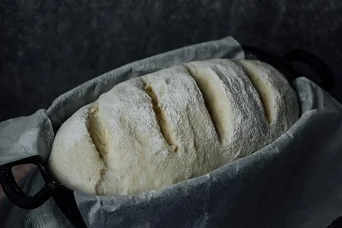 Loaf of proofing bread, raw dough in a proofing bowl, homemade wild yeast bre Stock Photos