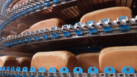 Loafs of bread in a bakery on an automated conveyor belt Видео 154656131