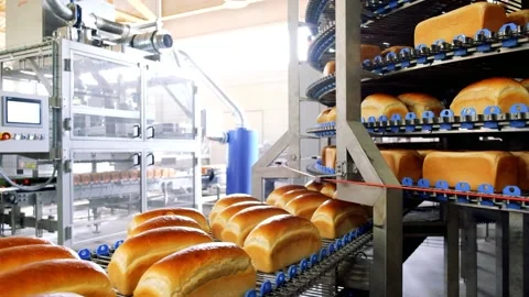 Loafs of bread in a bakery on an automated conveyor belt Stockbeeldmateriaal 163809763