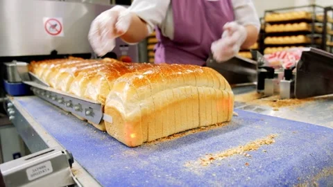 Loafs of bread in a bakery on an automated conveyor belt Stock Footage 163809821