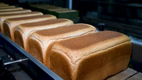 Loafs of bread in a bakery on an automated conveyor belt Видео 195954255