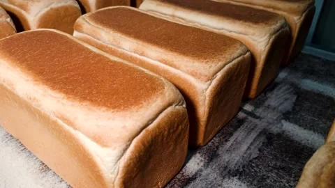 Loafs of bread in a bakery on an automated conveyor belt 動画素材 211167414