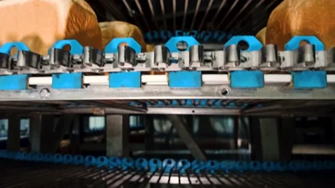 Loafs of bread in a bakery on an automated conveyor belt Stockbeeldmateriaal 220617579