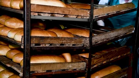 Loafs of bread in a bakery on an automated conveyor belt Stockbeeldmateriaal 238469630