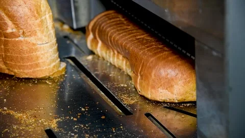 Loafs of bread in a bakery on an automated conveyor belt Vidéo 254340136