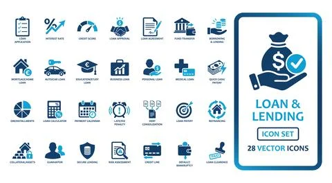Loan and lending services solid icon set containing 28 vector icons for ban.. Ilustração Stock