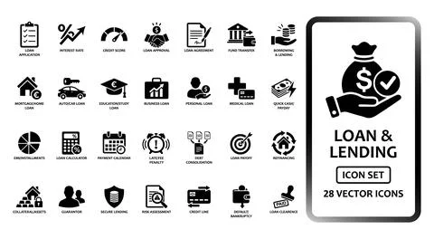 Loan and lending solid icon set containing icons for mortgage, auto loan, s.. Ilustração Stock
