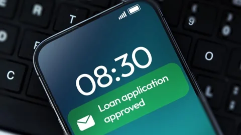 Loan application approved notification appearing on smartphone screen, 4k an Stock Footage 296505966