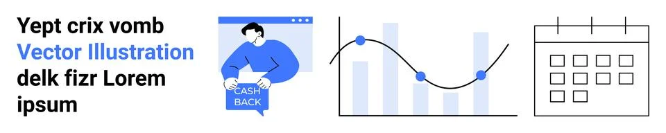 Loan application on a webpage, line graph indicating data points, and calenda Stock-Illustration