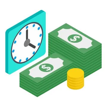 Loan management icon isometric vector. Clock stack of paper bill and golden coin Stock Illustration