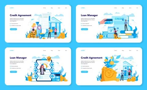 Loan manager web banner or landing page set. Bank employee Illustration