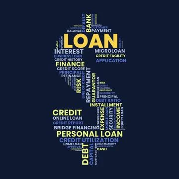 Loan Word Cloud in Dollar Sign Shape. Finance Credit Debt Repayment and Ban.. Stock Illustration