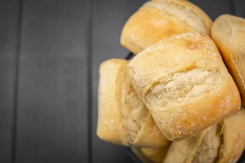 Loaves of wheat bread stacked in a column, from an aerial perspective Stock Photos