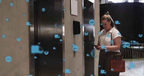 Lobby tech worker approaching call panel tapping button using phone dimming Stock Footage 314194356