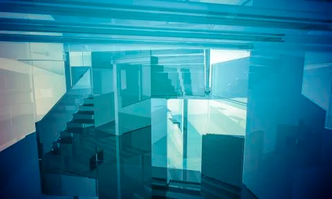 Lobby.empty office with columns and large windows, indoor building. business  Ilustración de archivo