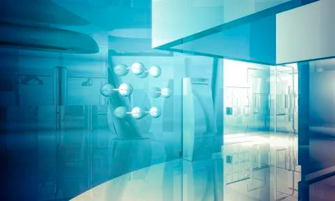 Lobby.empty office with columns and large windows, indoor building. business  Ilustración de archivo