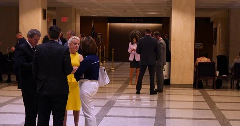Lobbyists and legislative staffers wait in Florida's Capitol Plaza Lobby 2019 Stock Footage 107568448