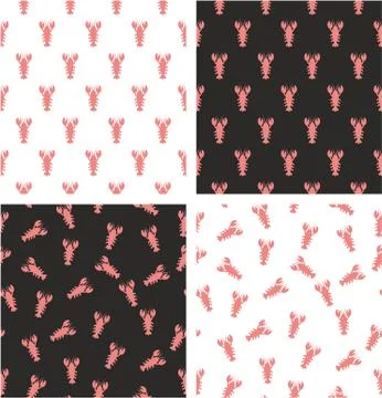 Lobster Aligned &amp; Random Seamless Pattern Color Set Stock Illustration