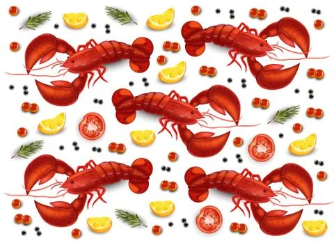 Lobster and caviar pattern Vector. Realistic seafood detailed 3d illustration Ilustración de archivo