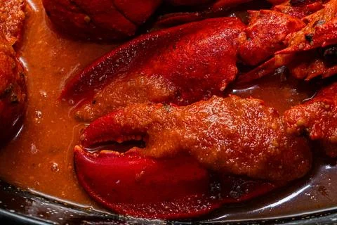 Lobster claws and shellfish in sauce on a serving dish Stock Photos
