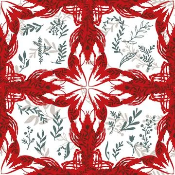 Lobster folk-style pattern lace motifs, botanical elements grasses, and whims Stock Illustration