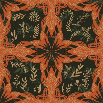 Lobster folk-style pattern lace motifs, botanical elements grasses, and whims 库存插图