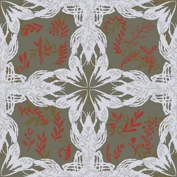Lobster folk-style pattern lace motifs, botanical elements grasses, and whims Stock Illustration