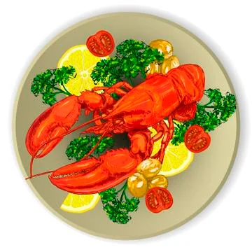 Lobster served with vegetables. Illustrazione stock