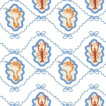 Lobster-themed nautical pattern with blue waves and decorative frames Stock Illustration
