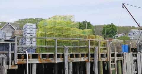 Lobster Traps and Dock Crane in New Harbor Maine Stock Footage 338407822