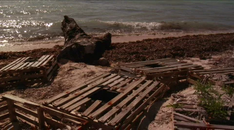 Lobster traps on a beach Stock Footage 717409