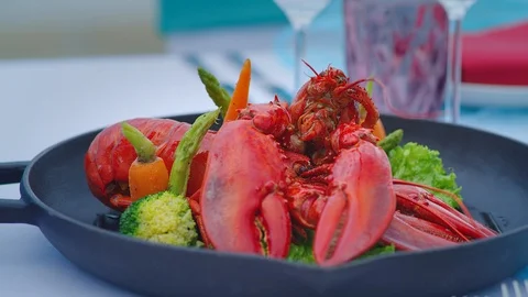 Lobster，dinner at seasaide Stock Footage 125412206