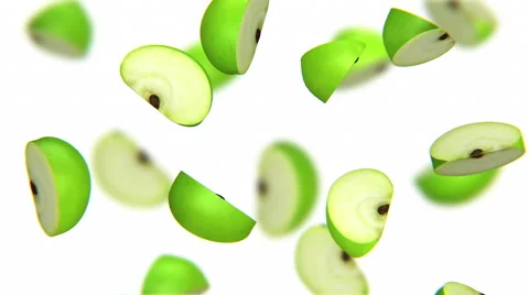 Lobules of green apple falling on white background, alpha matte, CG Stock Footage 65026892